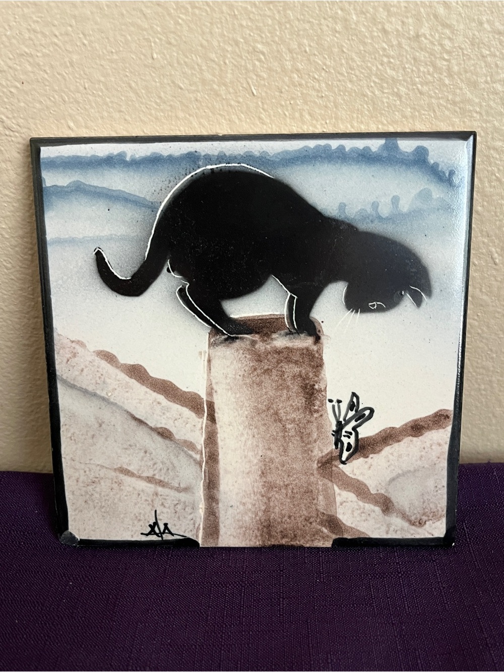 Portugal Hand Painted Glazed Ceramic Square Tile Black Cat Wall Hanging Signed